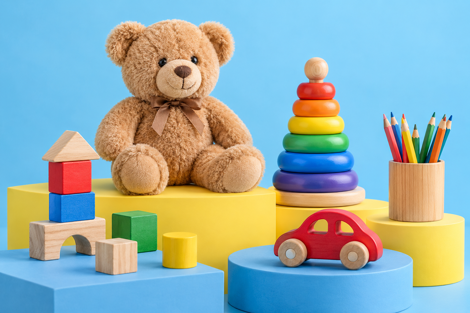 Unbranded teddy bear, wooden rainbow, building blocks, toy car and pencils in a colourful studio display